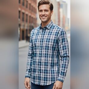 Van Heuson 16-16.5 32/33 Slim Fit  Men's Blue Plaid Shirt